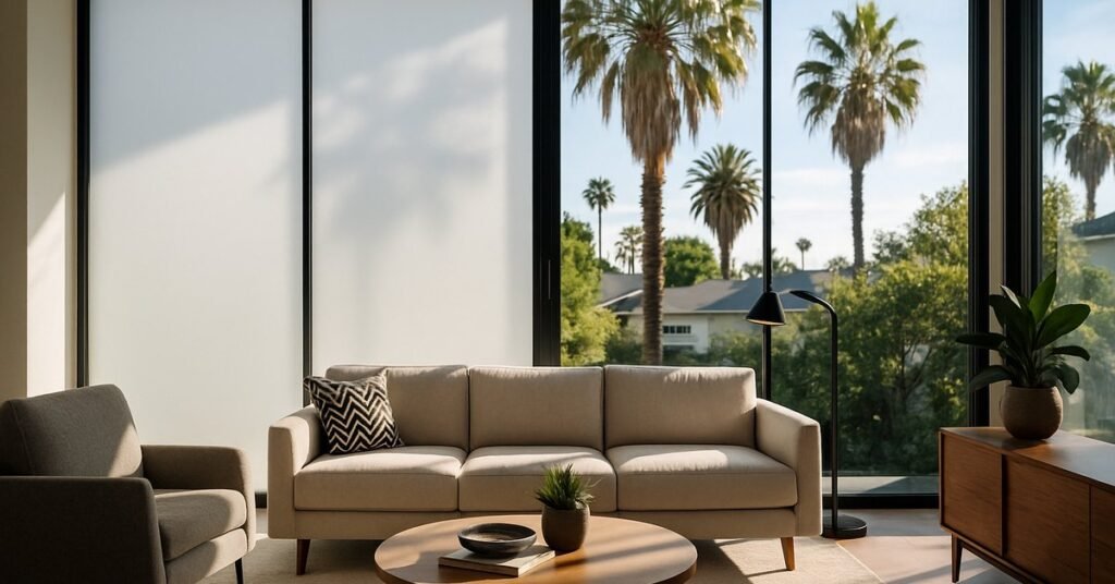 Smart glass installation in a Los Angeles home with floor-to-ceiling switchable windows and palm trees visible outside