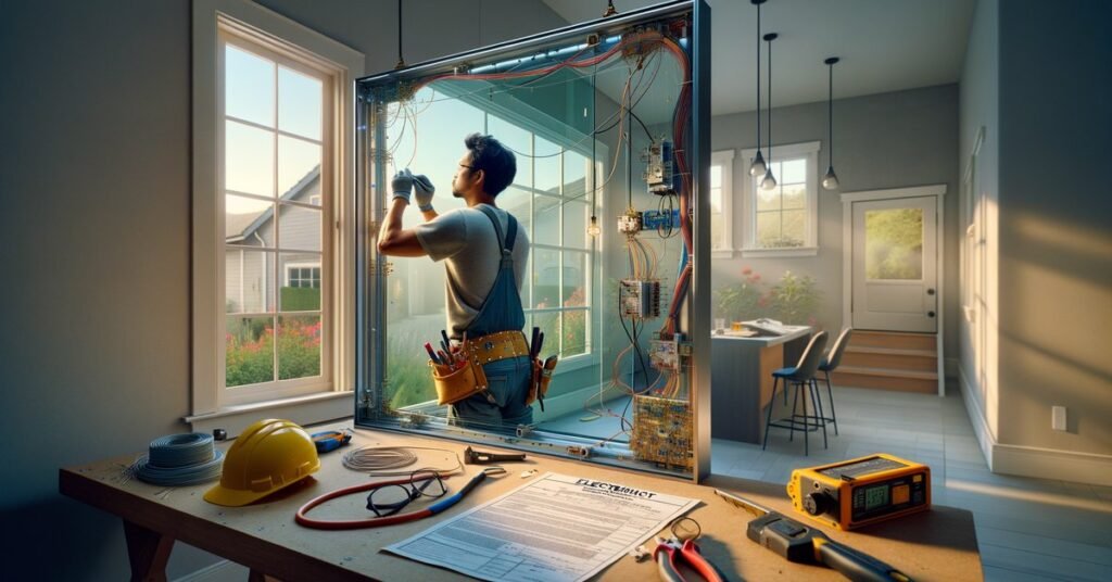 Licensed electrician installing hardwired smart glass in a San Jose home with permit documents on the workbench