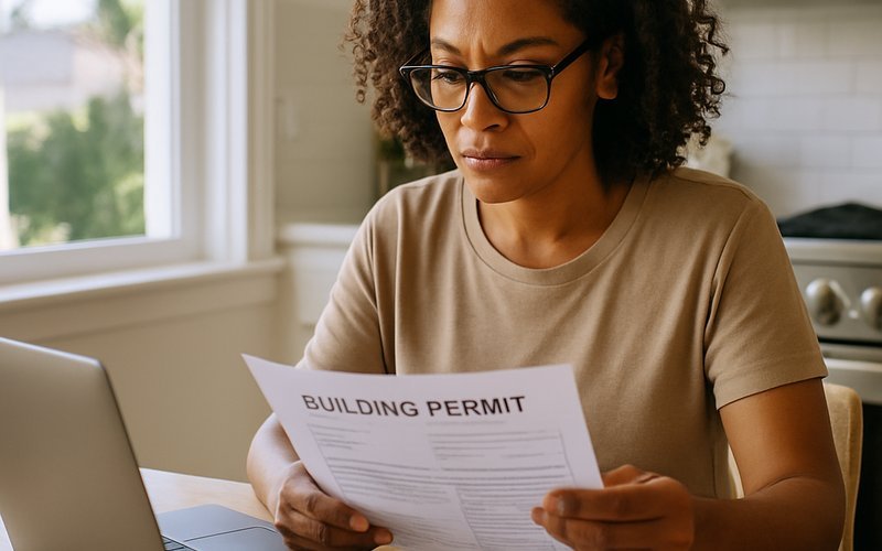 Los Angeles homeowner reviewing smart glass building permit requirements at a kitchen table