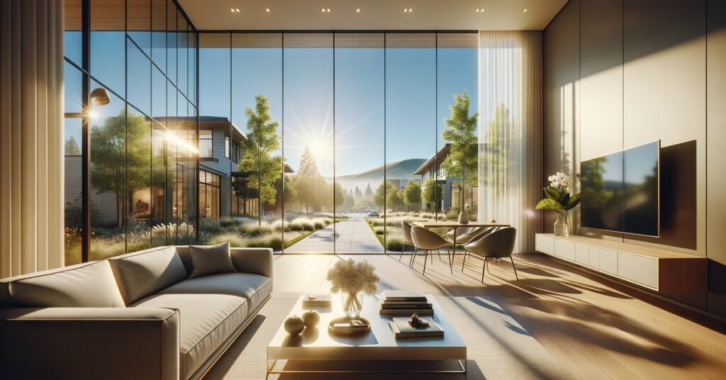 Smart glass windows in a modern San Jose home showing switchable privacy glass with Bay Area neighborhood visible outside