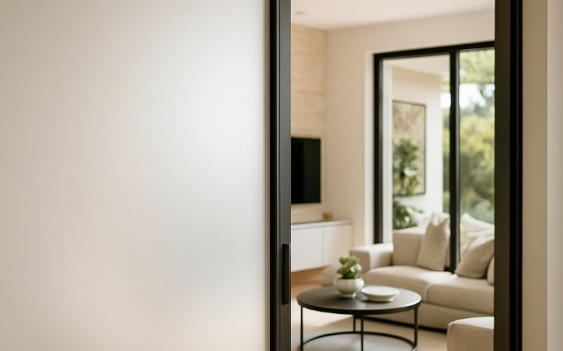Smart glass panel on an operable wall system switching from frosted to clear inside a Beverly Hills home