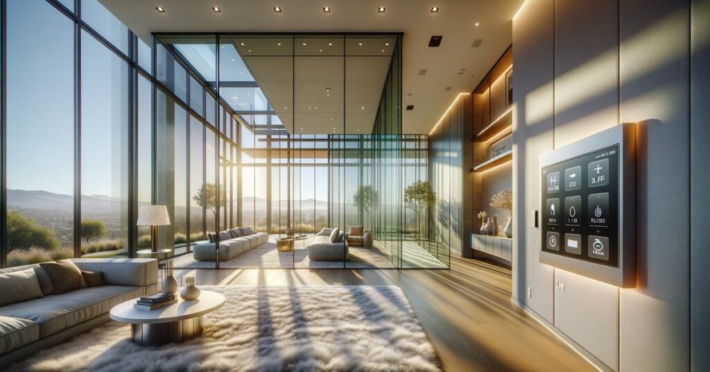 Smart glass panels integrated with a Lutron control keypad in a modern San Jose smart home