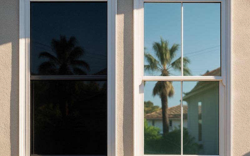 Side-by-side comparison of window tint and smart glass film installed on a contemporary Los Angeles home exterior