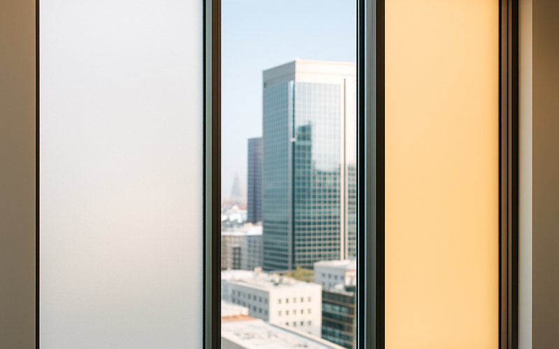 Comparison of smart film, smart glass, and LED film smartglass solutions installed in a Los Angeles commercial building