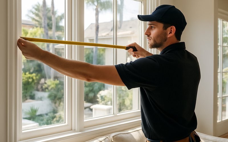 Contractor measuring windows for smartglass solutions installation cost estimate in a Los Angeles home
