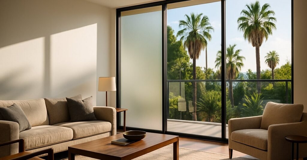 Smart glass window transitioning from frosted to clear in a modern Los Angeles home with palm trees visible outside