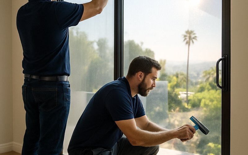 Installation crew applying smart film to windows during a smartglass solutions project in a Los Angeles residence