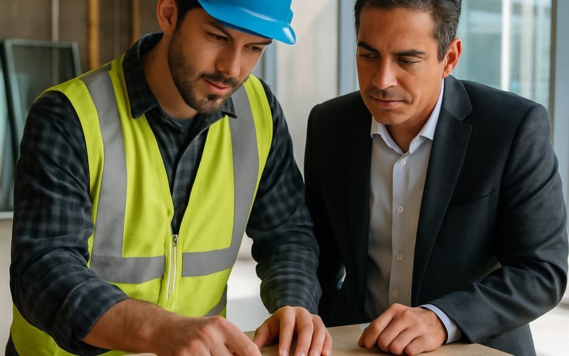 Contractor reviewing switchable glass cost estimate with a client at a Los Angeles commercial construction site in 2026