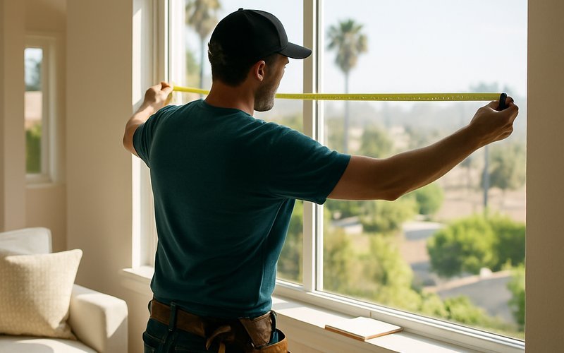Contractor measuring windows for a switchable glass cost estimate in a Los Angeles living room