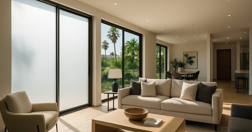 Switchable glass installed on floor-to-ceiling windows in a modern Los Angeles home with palm trees visible outside