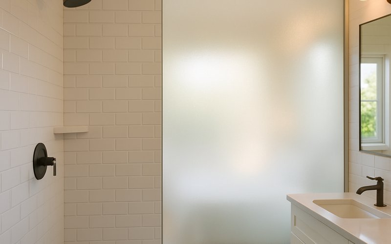 Switchable glass partition installed in a Los Angeles home bathroom separating shower from bedroom with frosted privacy mode active