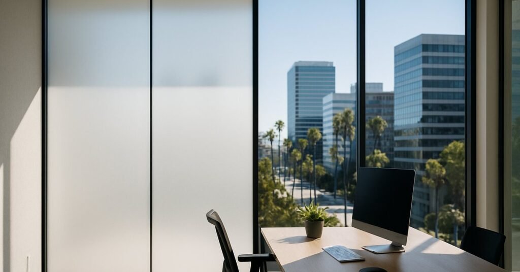 Switchable glass wall installed by a Los Angeles manufacturer in a modern office interior, showing the glass in frosted privacy mode