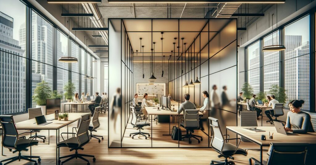 Switchable glass partitions dividing open and private areas in a San Jose co-working space