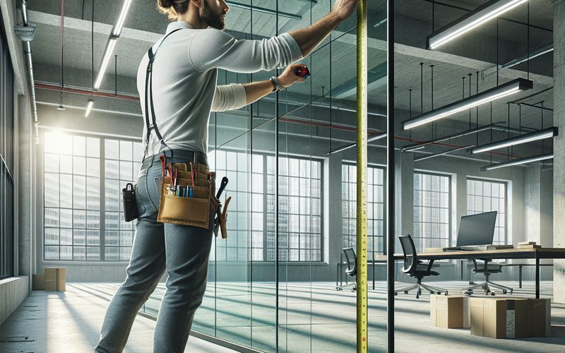 Contractor measuring glass partition wall during a switchable glass installation in a San Jose co-working space