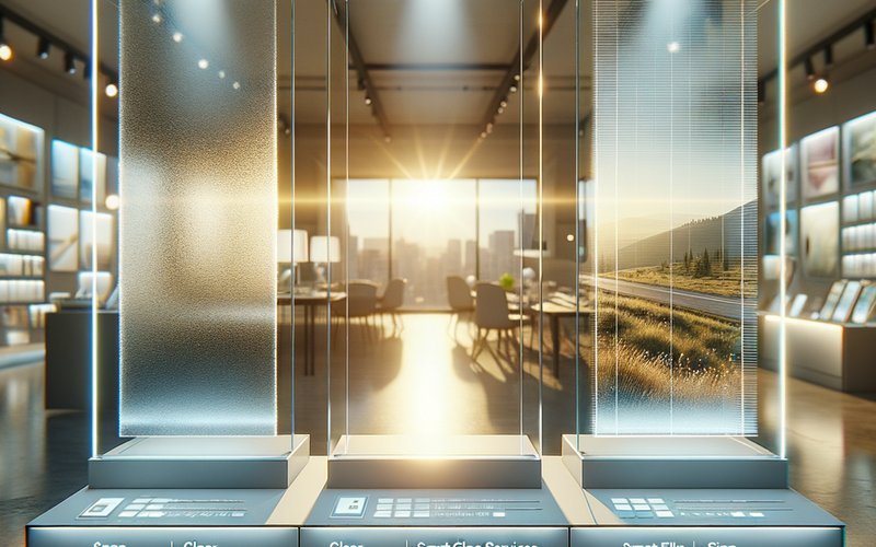 Smart film, smart glass, and LED film partition samples compared for San Jose co-working office spaces