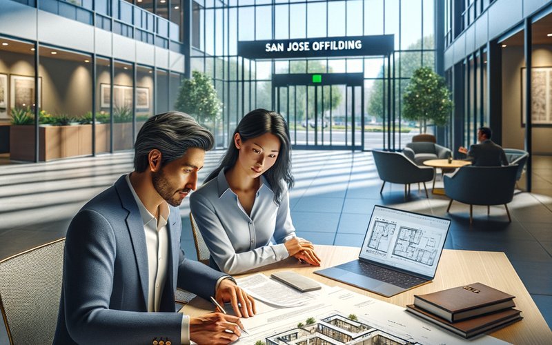 Tenant and landlord reviewing smart glass partition installation approval documents in a San Jose office building