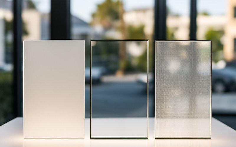Smart film, smart glass, and LED film samples displayed in a Los Angeles switchable glass manufacturer showroom for product comparison