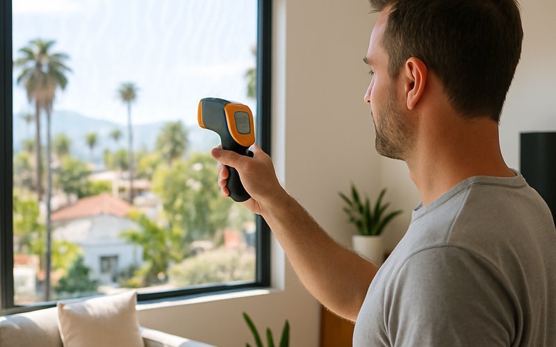 Homeowner testing heat blocking performance of window tint in a sun-filled Los Angeles living room with infrared thermometer