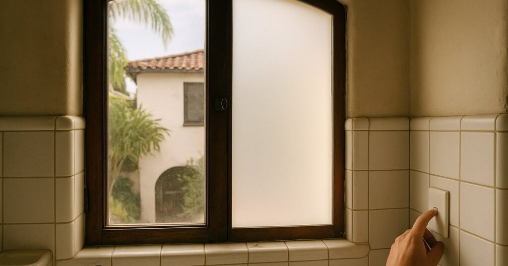 Smart film installed on a bathroom window in a Los Angeles home switching between clear and frosted privacy mode