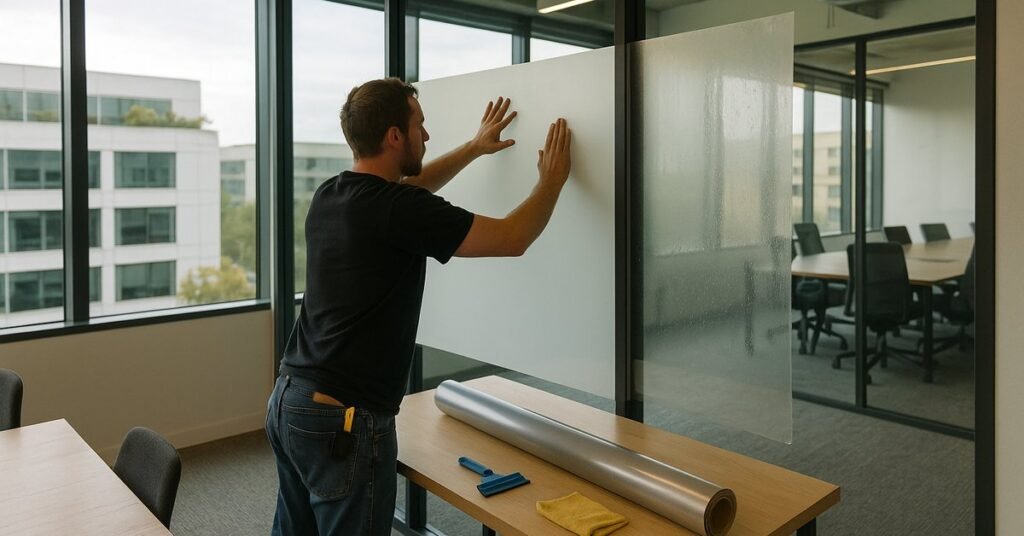 Technician installing smart film on a conference room glass wall to illustrate smart film conference room cost in San Jose