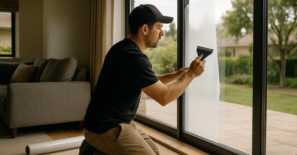 Technician completing the smart film installation process on a large window in a San Jose home