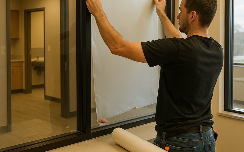 Technician installing smart film retrofit on glass partitions in a leased Los Angeles medical office suite