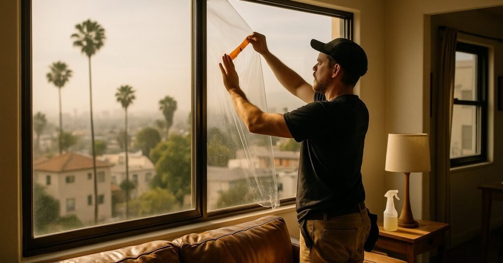 Installer applying smart film UV protection to a window to prevent furniture fading in a Los Angeles home
