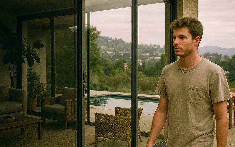 Indoor-outdoor Los Angeles home showing smart film on sliding glass doors as an alternative to curtains