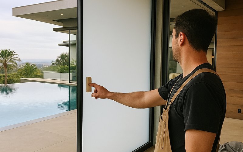 Full smart glass wall system installed in a Beverly Hills estate home switching to opaque privacy mode