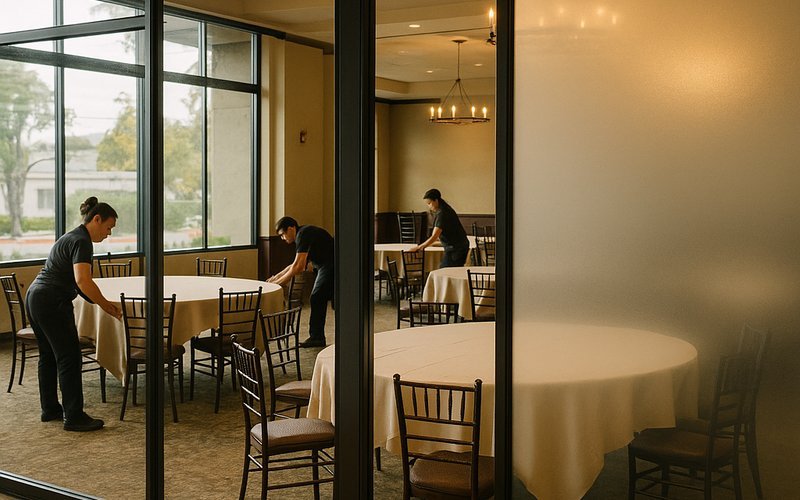 Switchable glass partitions dividing a San Jose event venue into separate private rooms