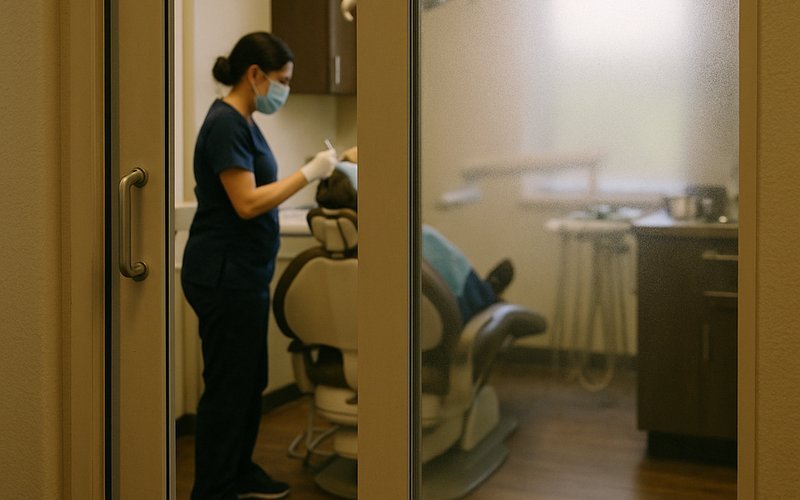Switchable smart glass door meeting HIPAA patient privacy standards in a San Jose dental office