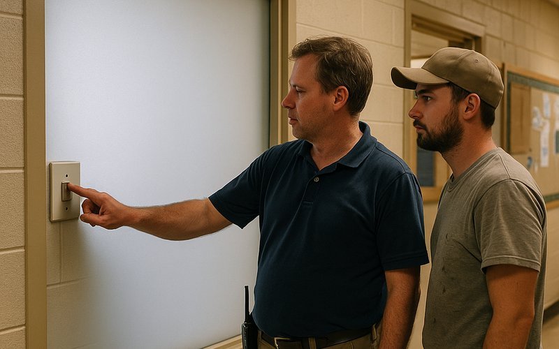 Facilities staff testing smart glass lockdown response time in a Los Angeles school hallway