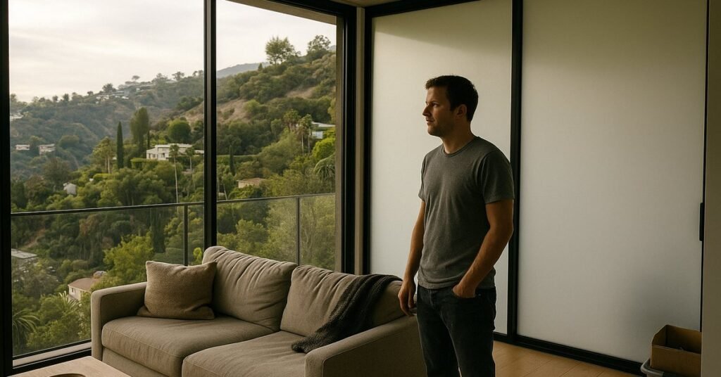 Switchable smart glass installed in a Los Angeles hillside home transitioning from clear to frosted privacy mode