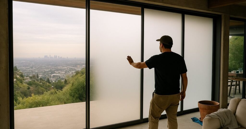 Smart glass wall system installed during a luxury home remodel in Los Angeles overlooking a hillside view