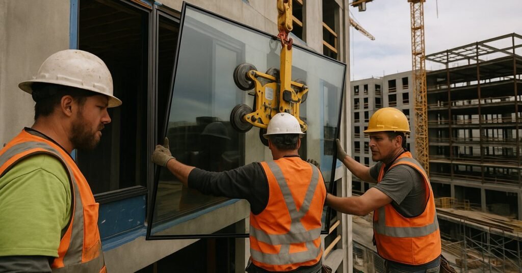 Smart glass panels being installed on a multi-family residential building under construction in downtown San Jose