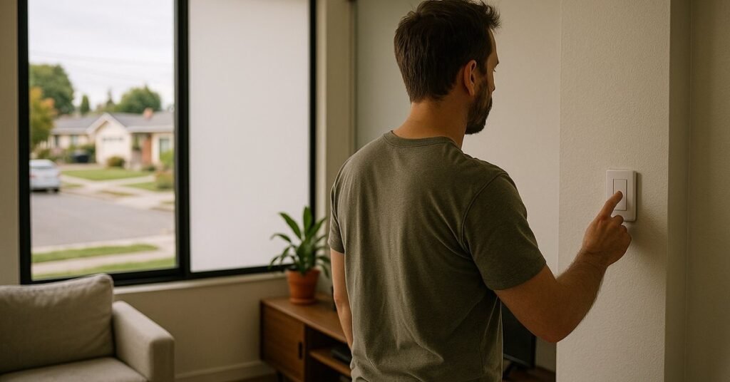 Smart glass window switching from clear to opaque in a San Jose home, illustrating California privacy law compliance