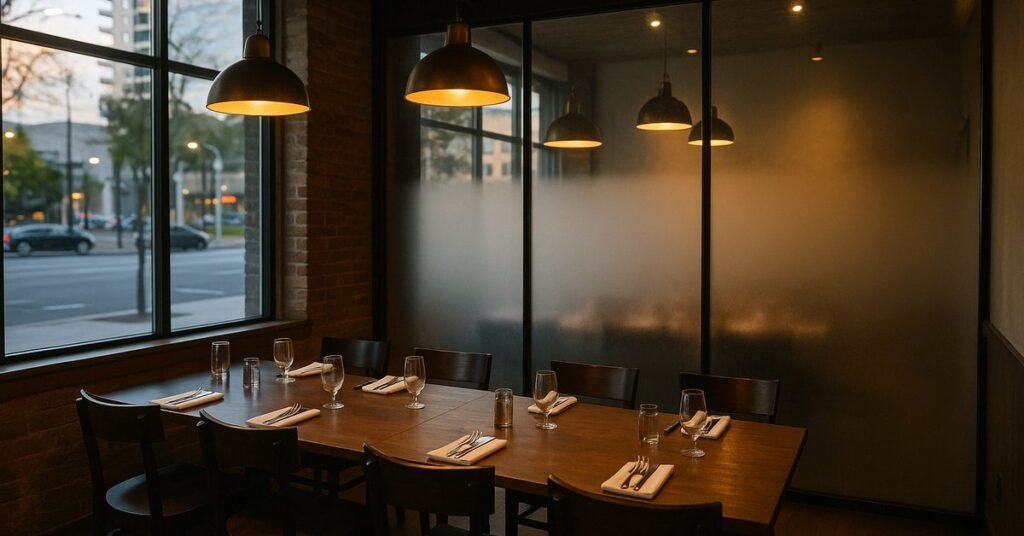 Switchable smart glass partition dividing a private dining room in a San Jose restaurant