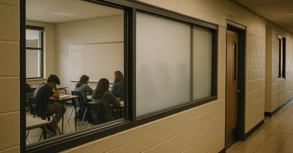 Switchable smart glass classroom window transitioning to opaque privacy mode in a Los Angeles school during a lockdown drill