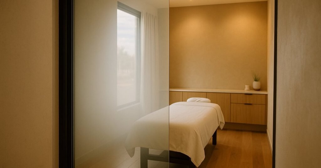 Switchable smart glass partition providing privacy in a San Jose spa treatment room