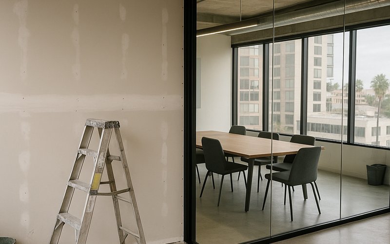 Comparison of smart glass partition cost versus drywall buildout cost for a Los Angeles conference room