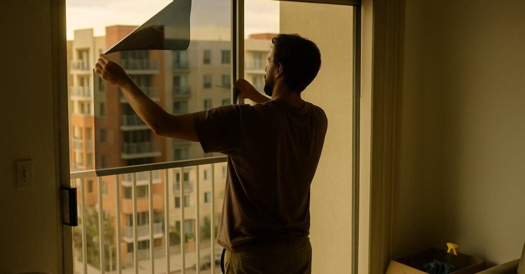 Renter installing removable smart film on apartment windows in Los Angeles without damaging the frame