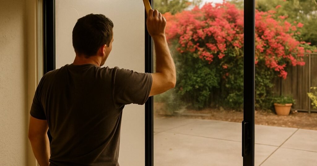 Smart film being installed on a sliding glass door in a Los Angeles home