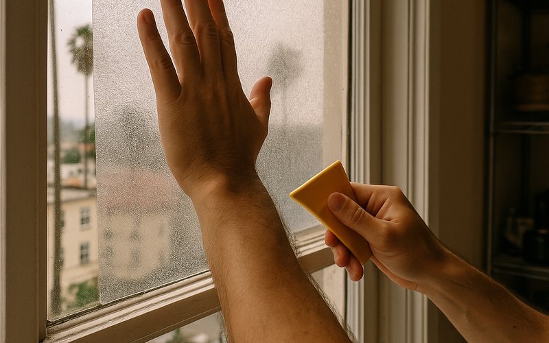 Static-cling smart film being installed on a Los Angeles apartment window using a lease-safe, no-adhesive method