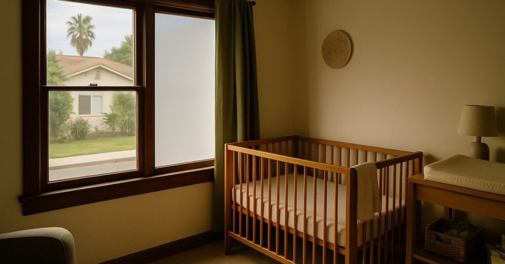 Switchable smart film installed on a nursery window in a Los Angeles home providing light control without curtains