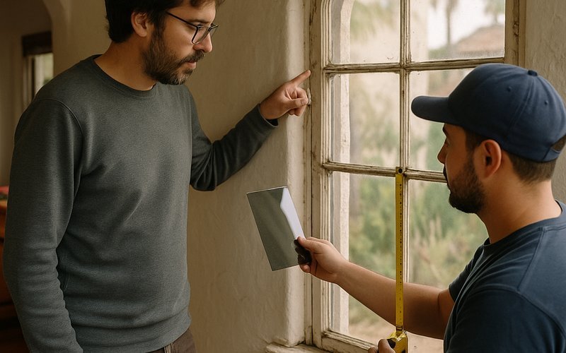 Installer checking single-pane window compatibility for smart film cost in Los Angeles homes
