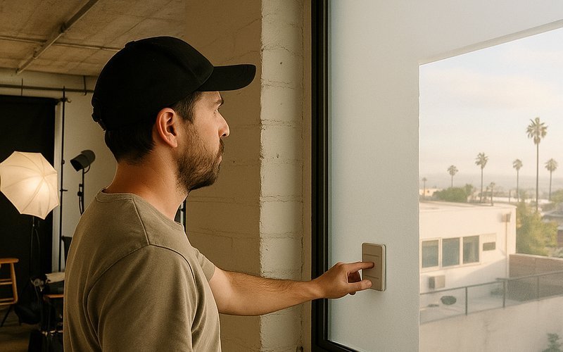 Smart glass switching from clear to opaque for instant light control in a Los Angeles photography studio