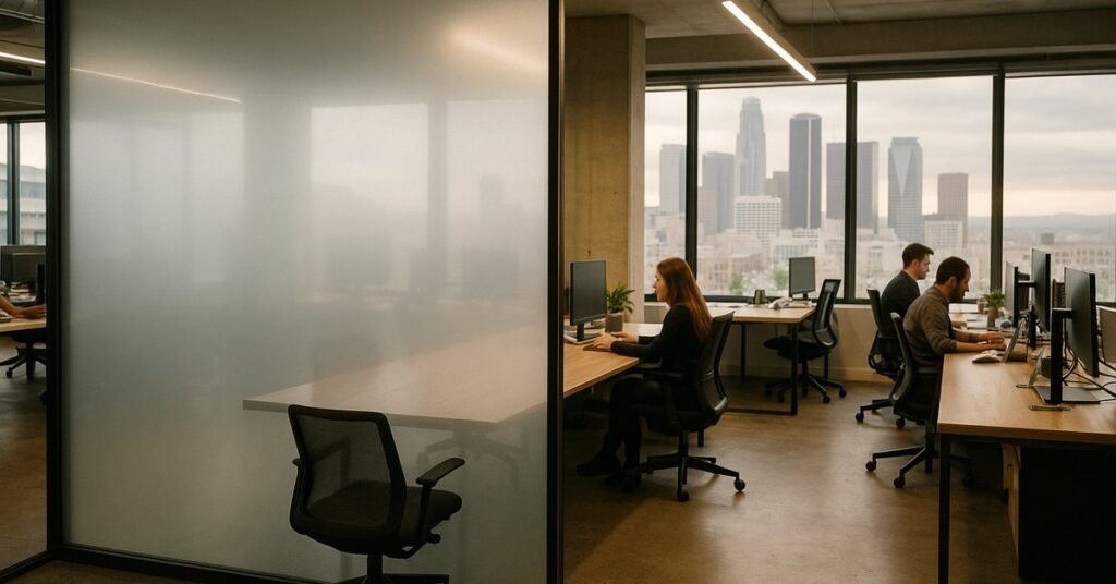 Smart glass partition switching from clear to frosted in a Los Angeles office, compared to curtain dividers nearby